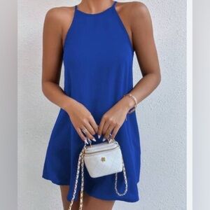 Pink Rose Royal Blue Sleeveless Mini Dress